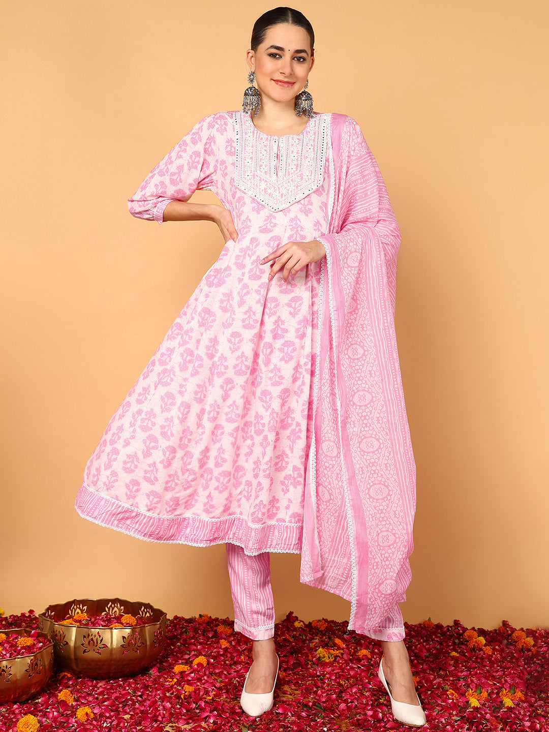 Women's Pink Viscose Rayon Yoke Design Anarkali Kurta Pant Set With Dupatta - Ahika