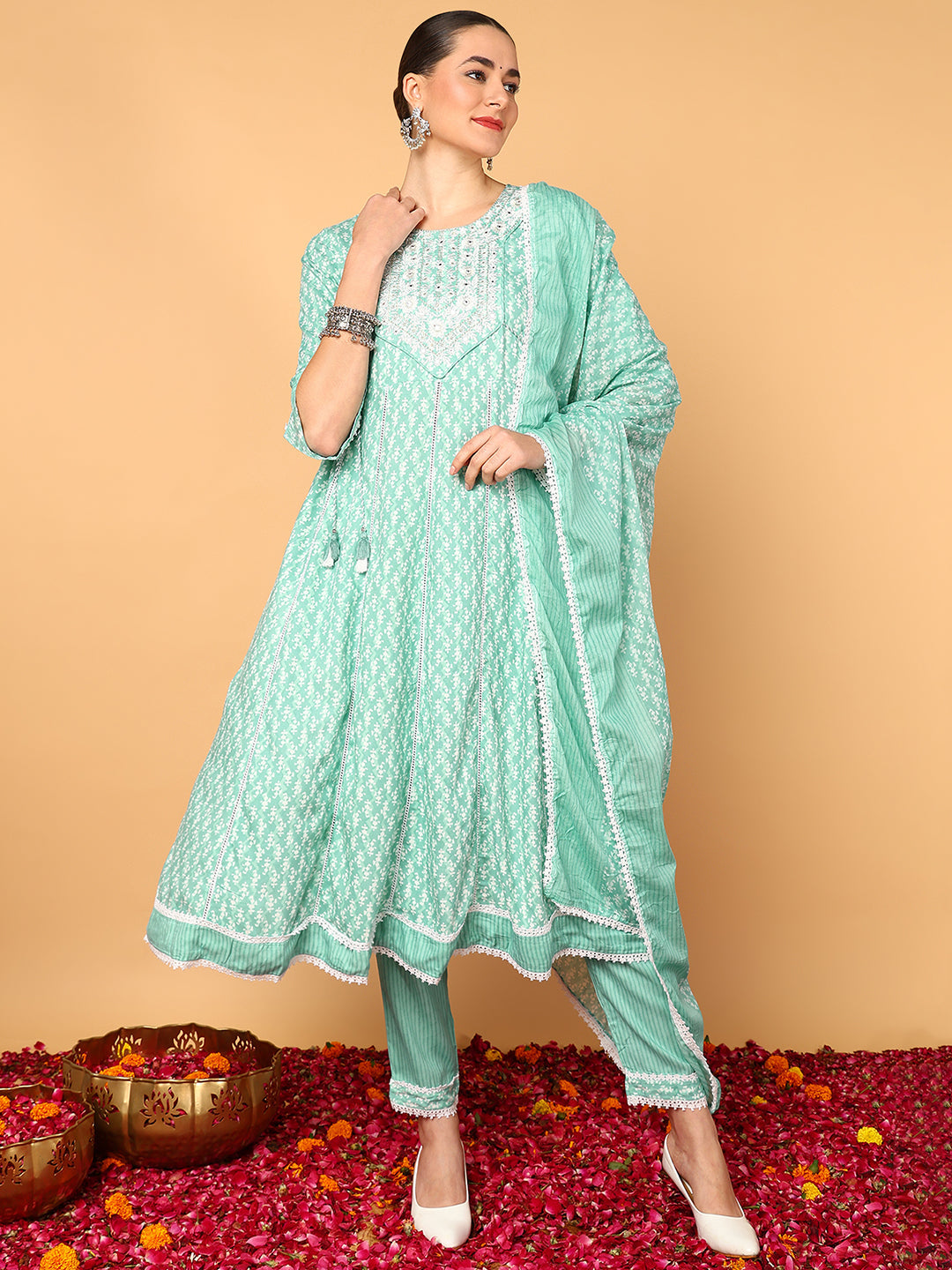 Women's Sea Green Viscose Rayon Yoke Design Anarkali Kurta Pant Set With Dupatta - Ahika