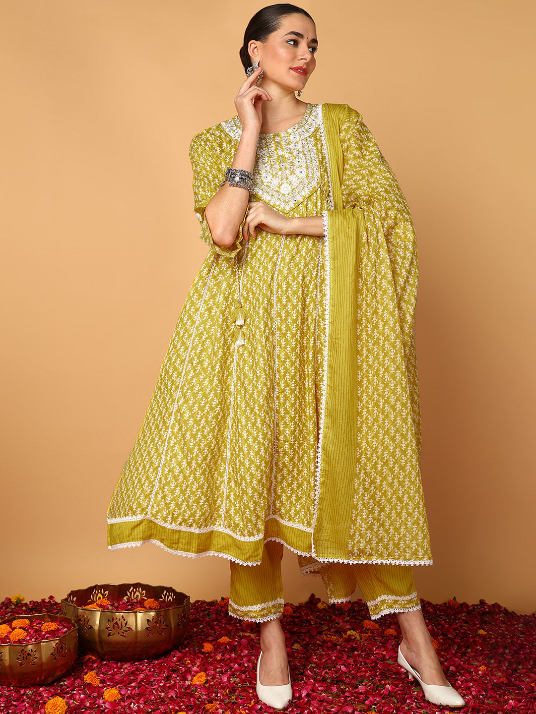 Women's Yellow Viscose Rayon Yoke Design Anarkali Kurta Pant Set With Dupatta - Ahika