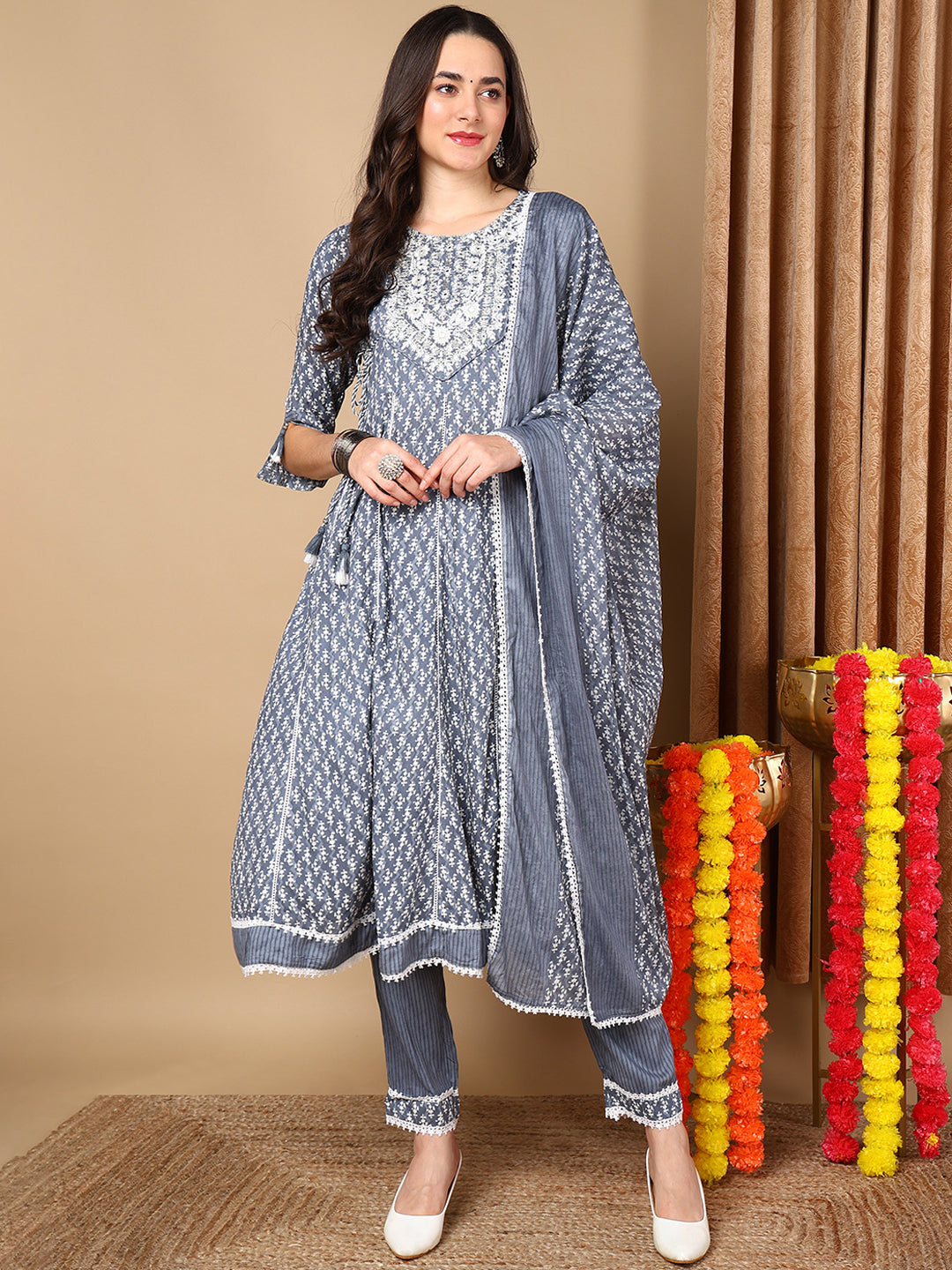 Women's Blue Viscose Rayon Embroidered Anarkali Kurta Pant Set With Dupatta - Ahika