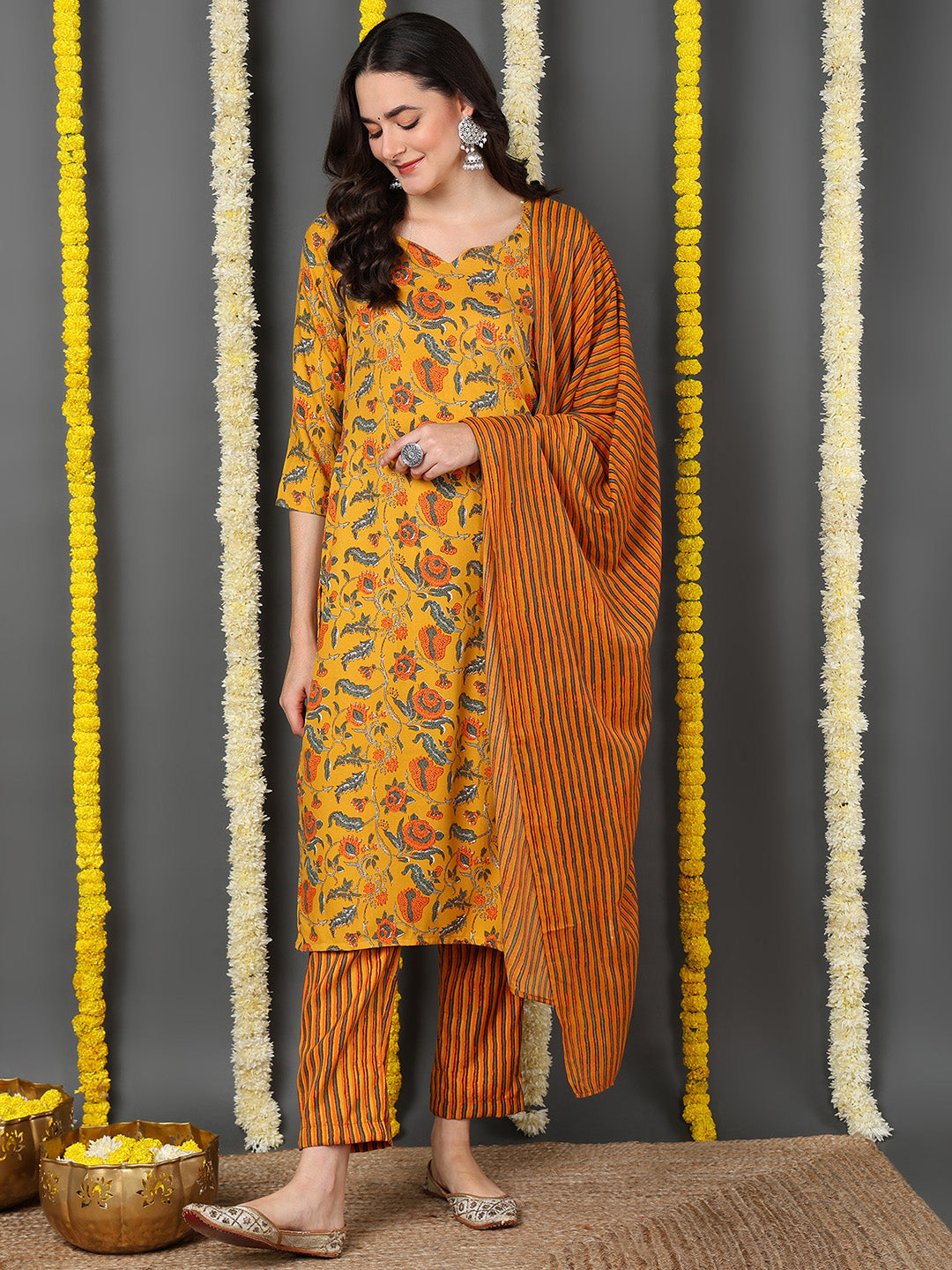 Women's Yellow Cotton Blend Printed Straight Kurta Pant Set With Dupatta - Ahika