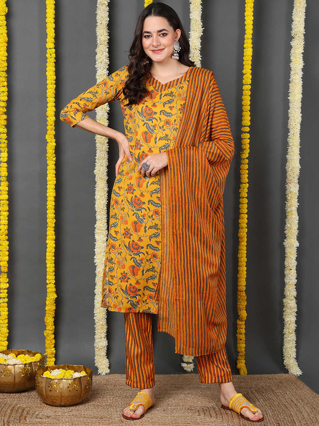 Women's Yellow Cotton Blend Printed Straight Kurta Pant Set With Dupatta - Ahika