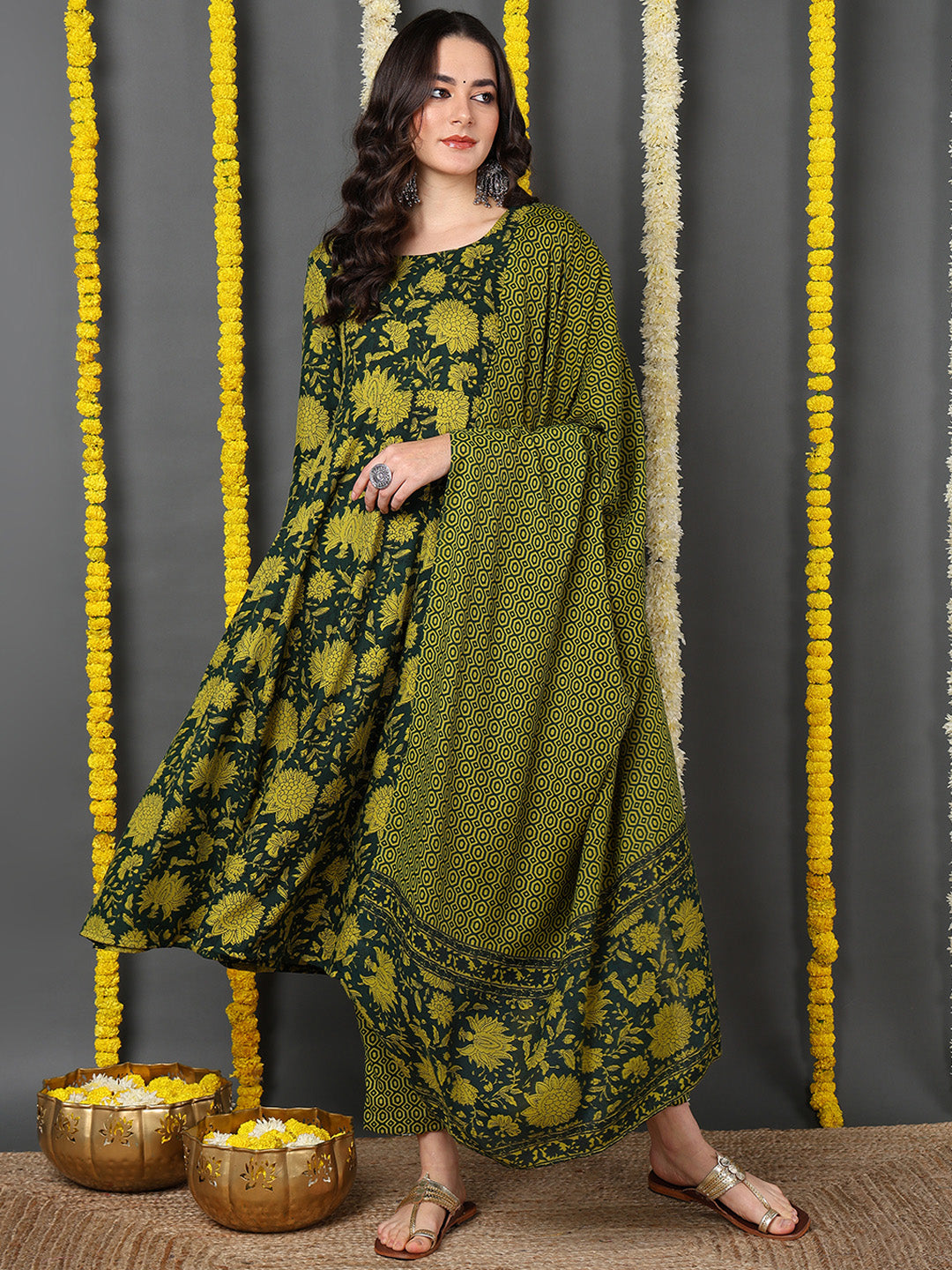 Women's Green Cotton Blend Printed Anarkali Kurta Pant Set With Dupatta - Ahika