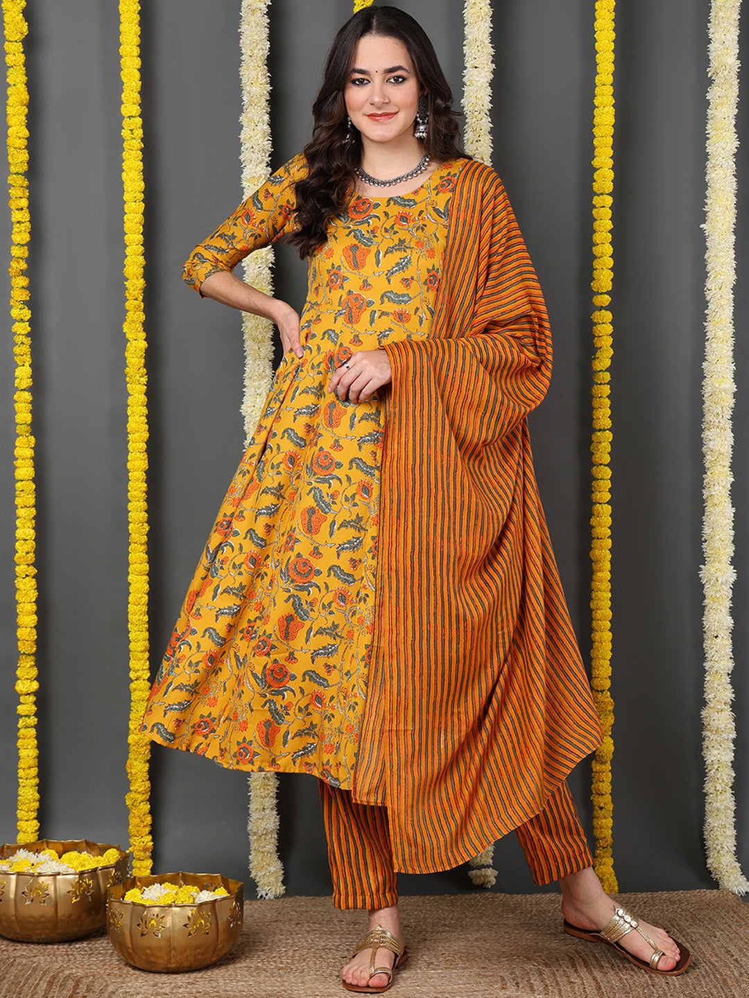 Women's Yellow Cotton Blend Printed Anarkali Kurta Pant Set With Dupatta - Ahika