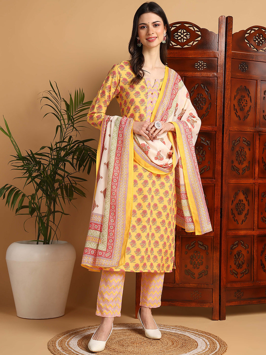 Women's Yellow Viscose Rayon Printed Straight Kurta Pant Set With Dupatta - Ahika