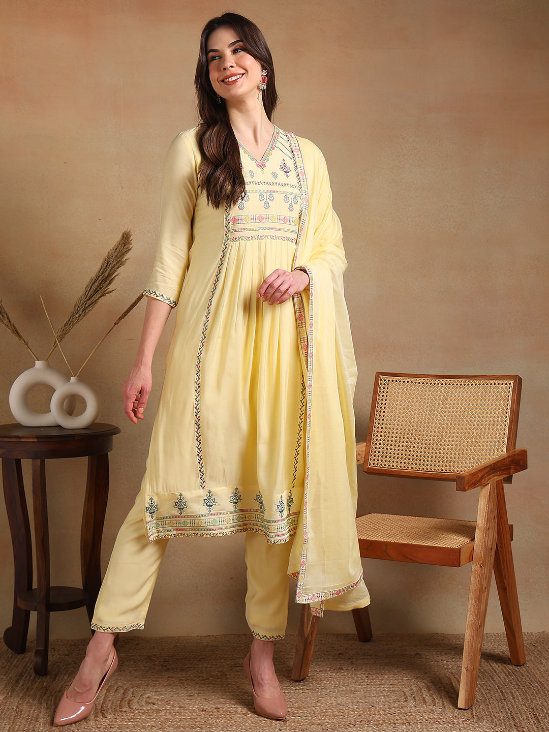 Women's Yellow Rayon Embroidered A-Line Kurta Pant Set With Dupatta - Ahika