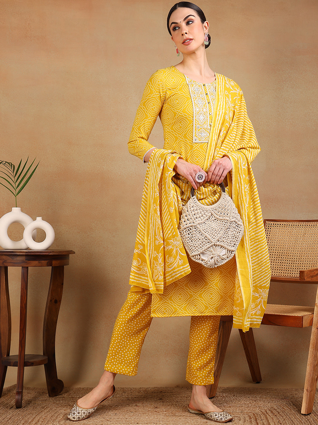 Women's Yellow Rayon Embroidered Straight Kurta Pant Set With Dupatta - Ahika