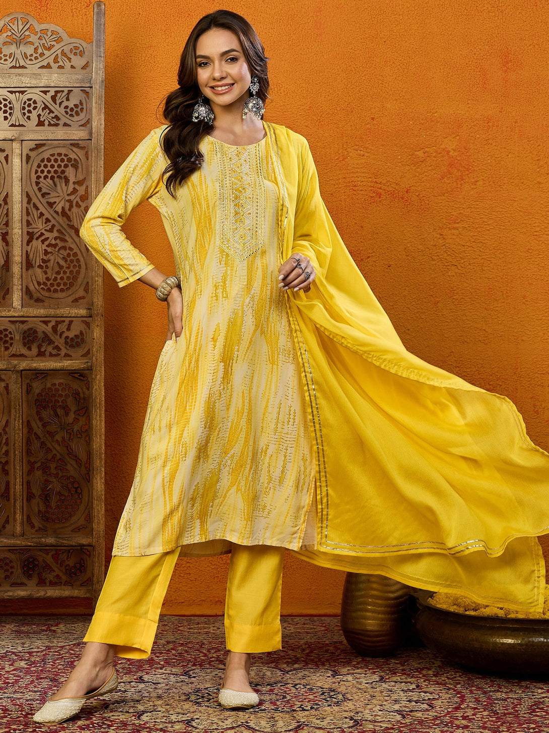 Women's Yellow Viscose Rayon Embroidered Straight Kurta Pant Set With Dupatta - Ahika