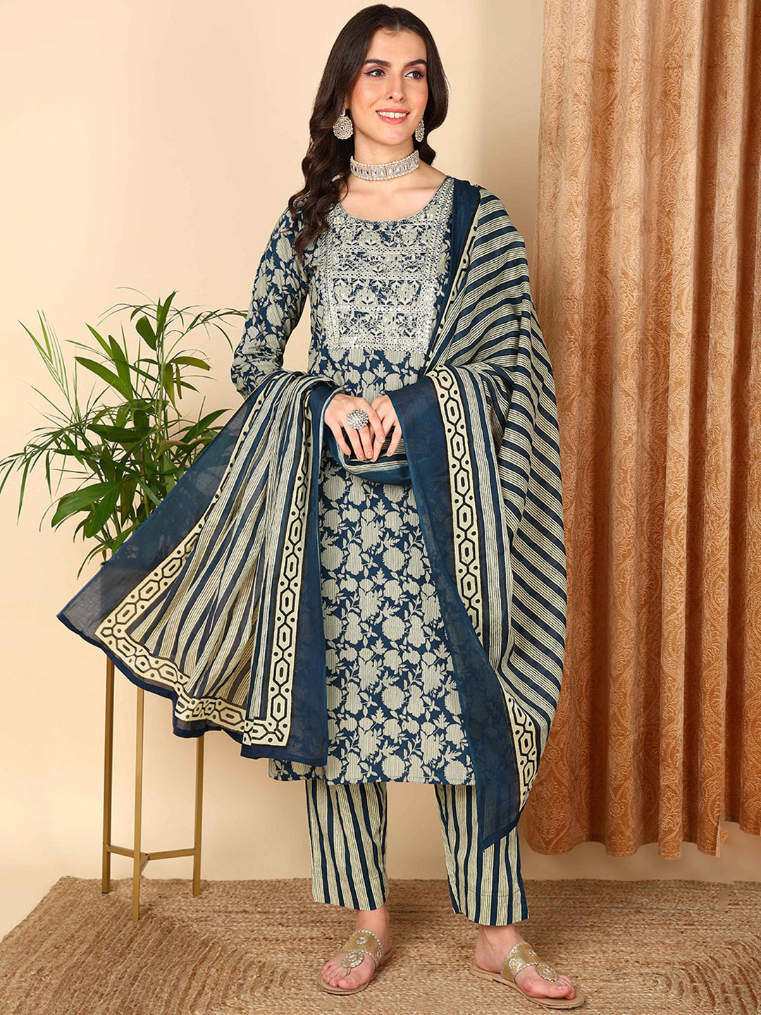 Women's Navy Blue Rayon Blend Floral Embroidered Straight Kurta Trousers With Dupatta - Ahika