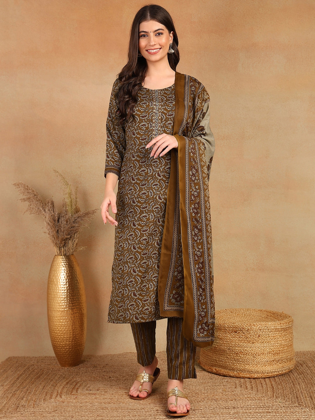 Women's Brown Cotton Blend Ethnic Motifs Printed Straight Kurta Trouser With Dupatta - Ahika