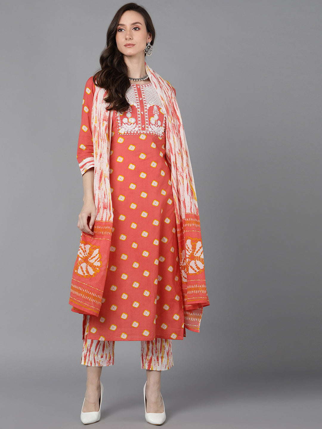 Women's Orange Rayon Blend Bandhani Embroidered Straight Kurta Trousers With Dupatta - Ahika