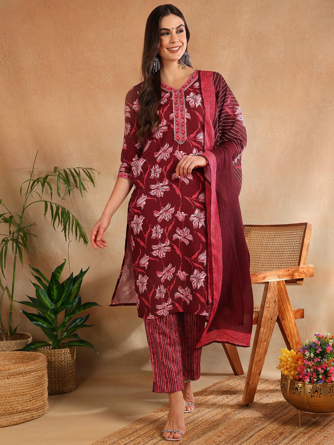 Women's Maroon Rayon Blend Floral Printed Straight Kurta Trouser With Dupatta - Ahika