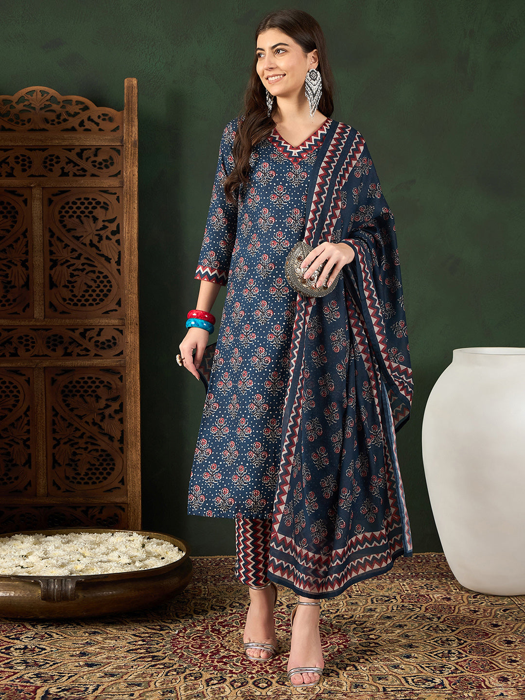 Women's Navy Blue Rayon Blend Floral Printed Straight Kurta Trouser With Dupatta - Ahika