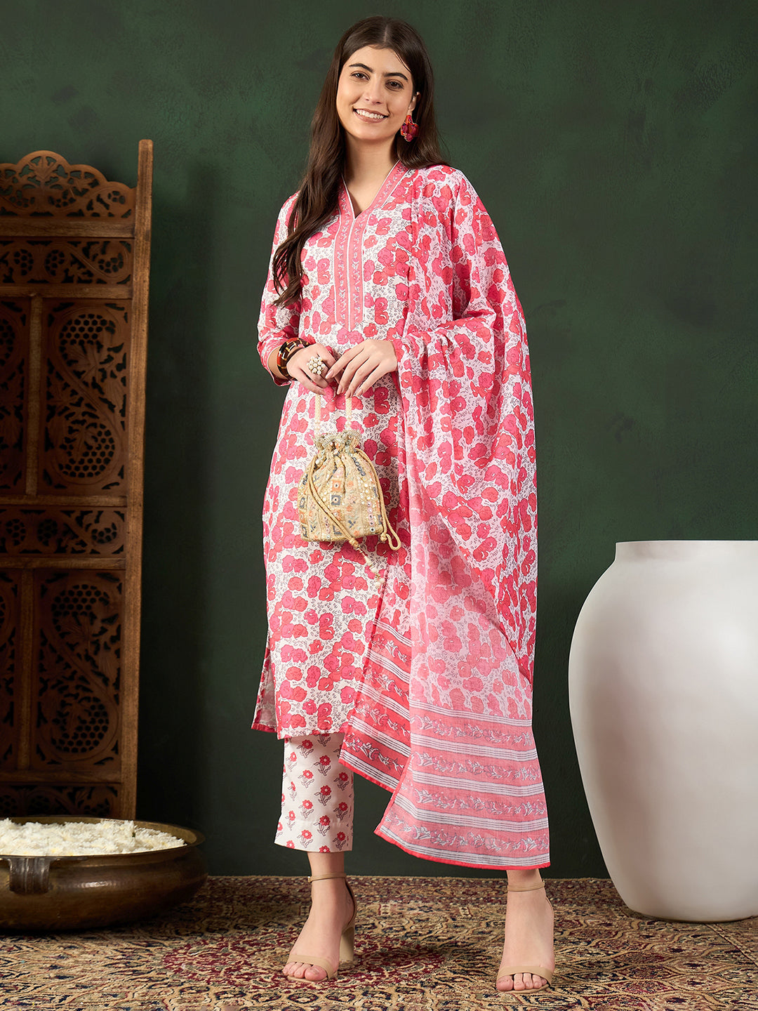 Women's White Rayon Blend Floral Printed Straight Kurta Trouser With Dupatta - Ahika