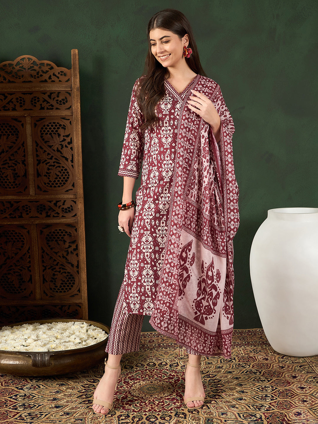 Women's Maroon Rayon Blend Ethnic Motifs Printed Straight Kurta Trouser With Dupatta - Ahika