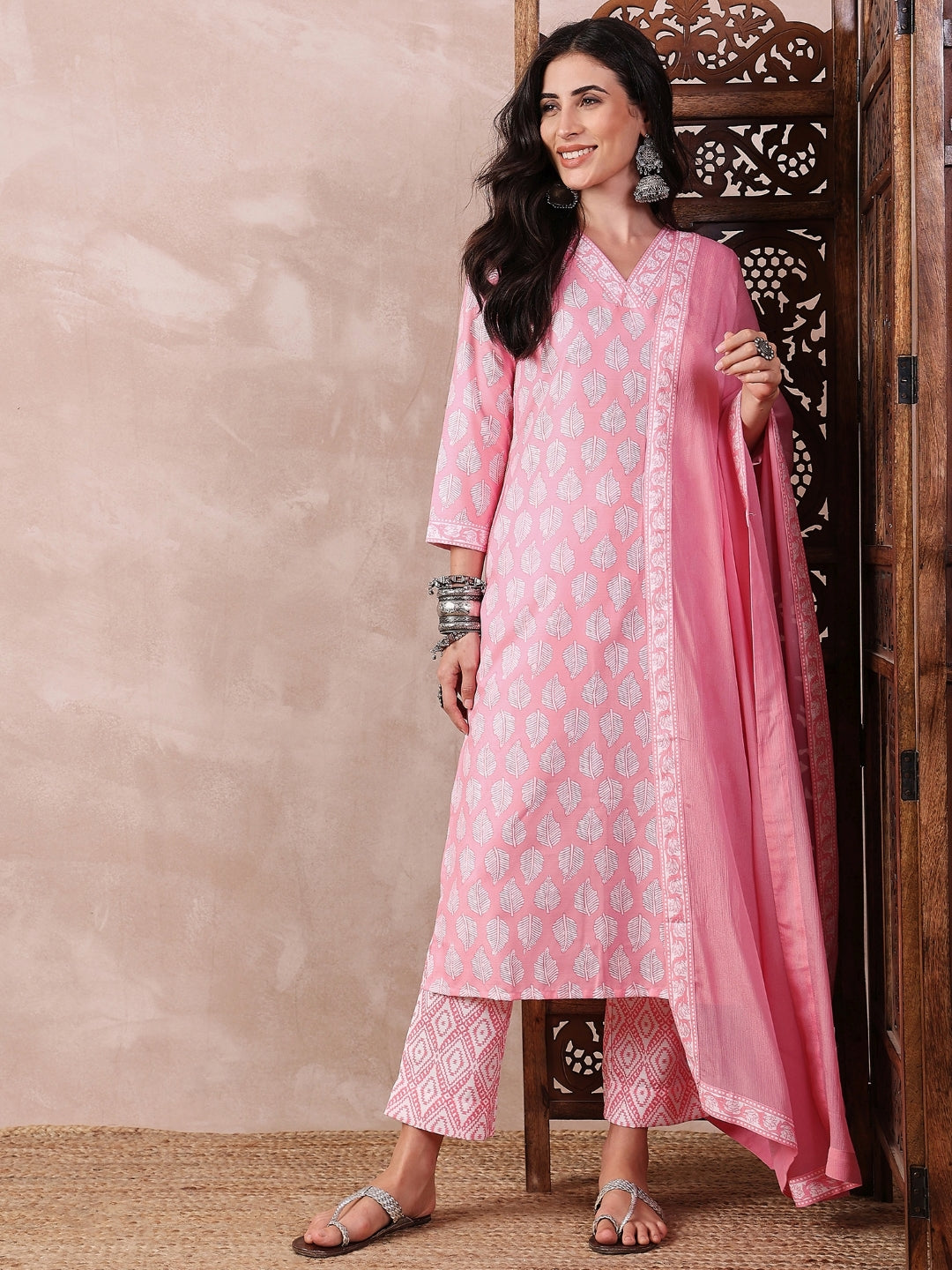 Women's Pink Rayon Blend Floral Printed Straight Kurta Trouser With Dupatta - Ahika