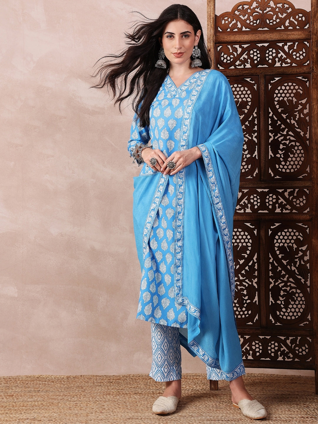 Women's Blue Rayon Blend Floral Printed Straight Kurta Trouser With Dupatta - Ahika