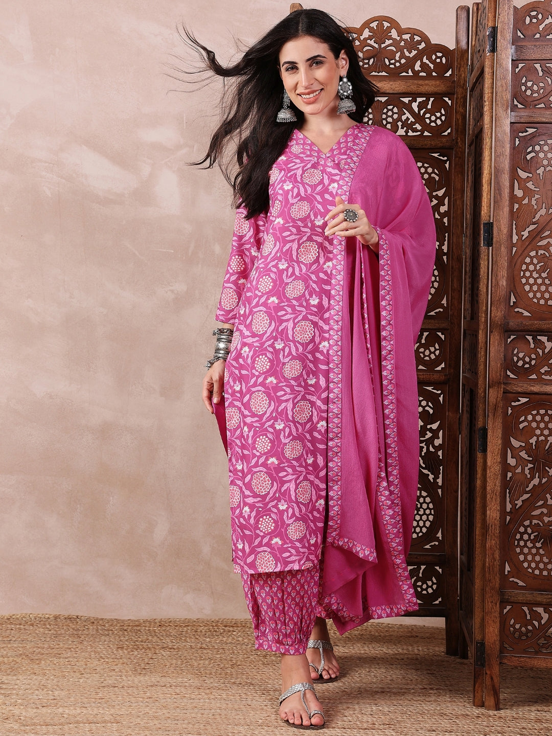 Women's Pink Rayon Blend Floral Printed Straight Kurta Salwar With Dupatta - Ahika