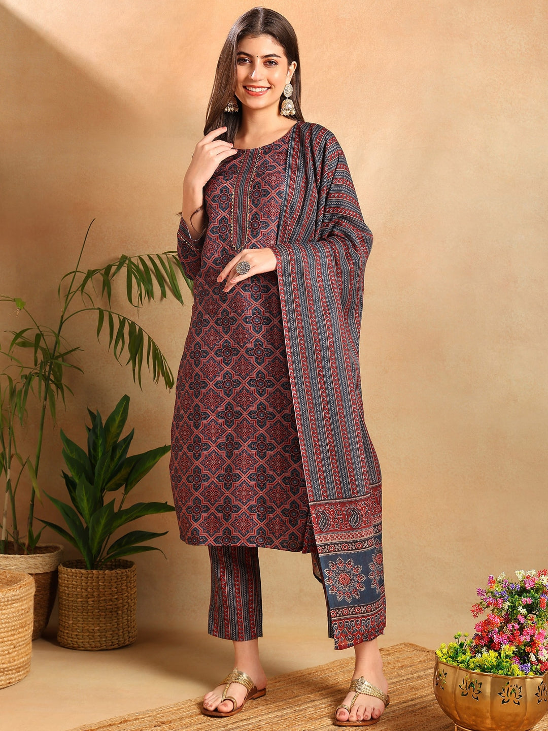 Women's Blue Rayon Blend Ethnic Motifs Printed Straight Kurta Trouser With Dupatta - Ahika