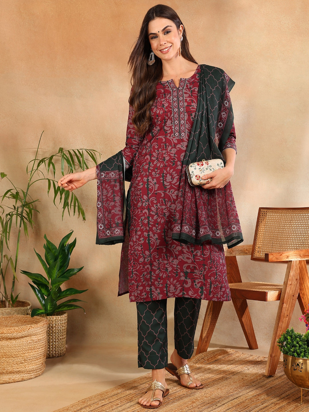 Women's Magenta Rayon Blend Ethnic Motifs Printed Straight Kurta Trouser With Dupatta - Ahika