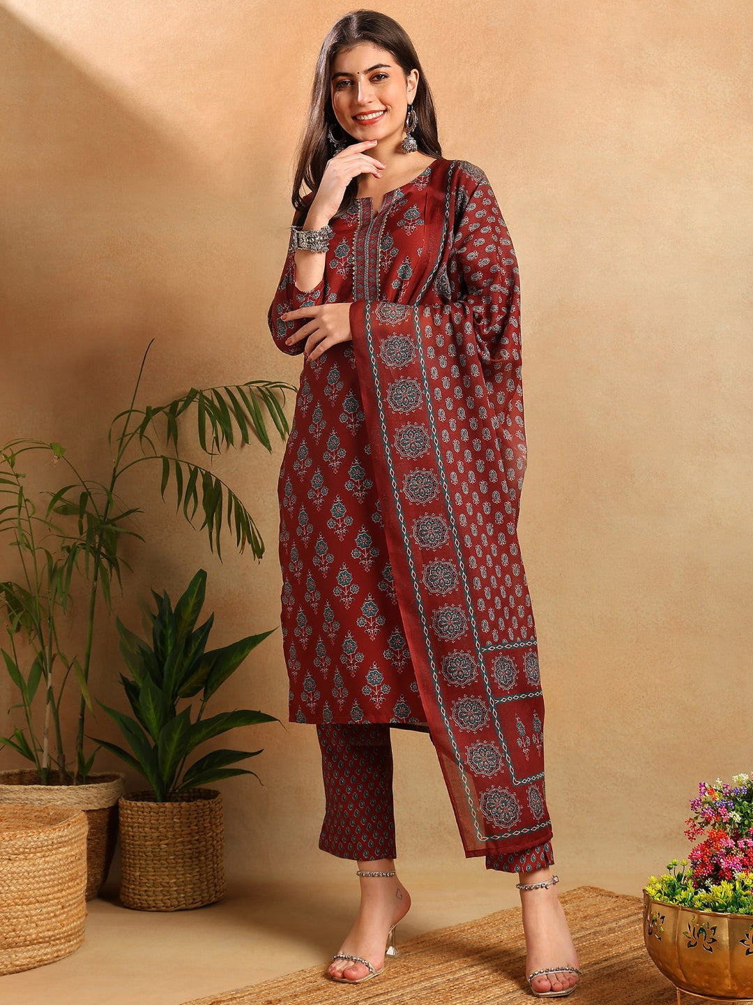 Women's Brown Rayon Blend Floral Printed Straight Kurta Trouser With Dupatta - Ahika