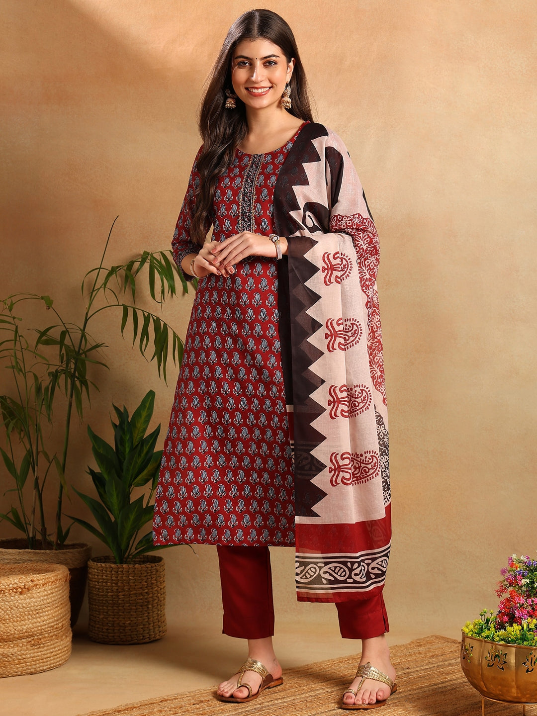 Women's Maroon Rayon Blend Ethnic Motifs Printed Straight Kurta Trouser With Dupatta - Ahika