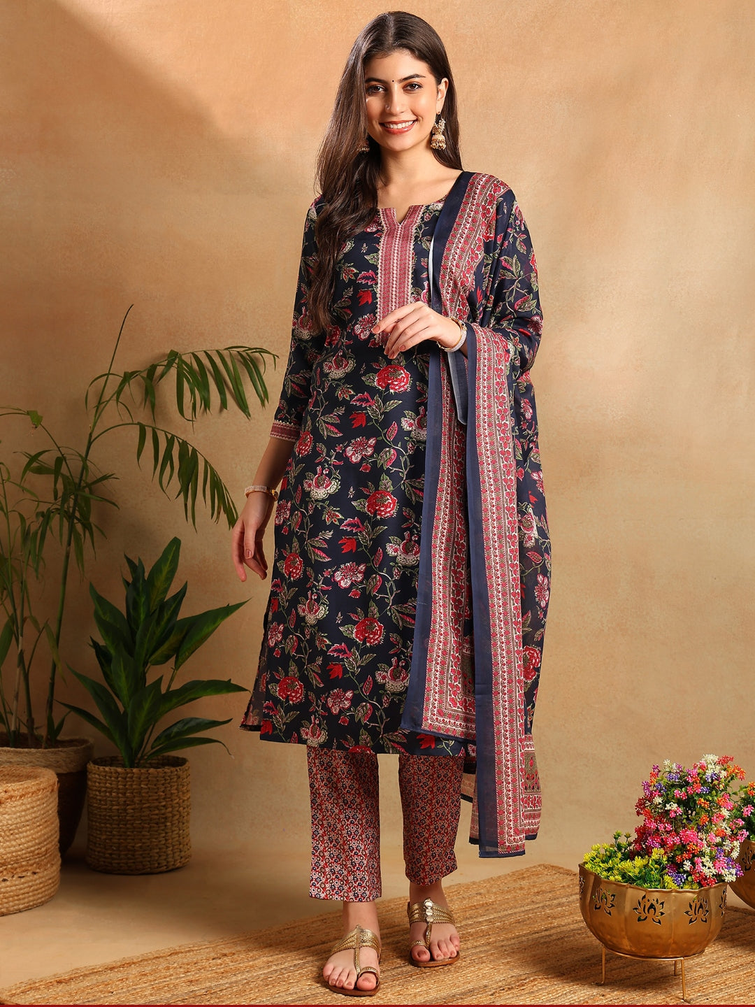 Women's Navy Blue Rayon Blend Floral Printed Straight Kurta Trouser With Dupatta - Ahika