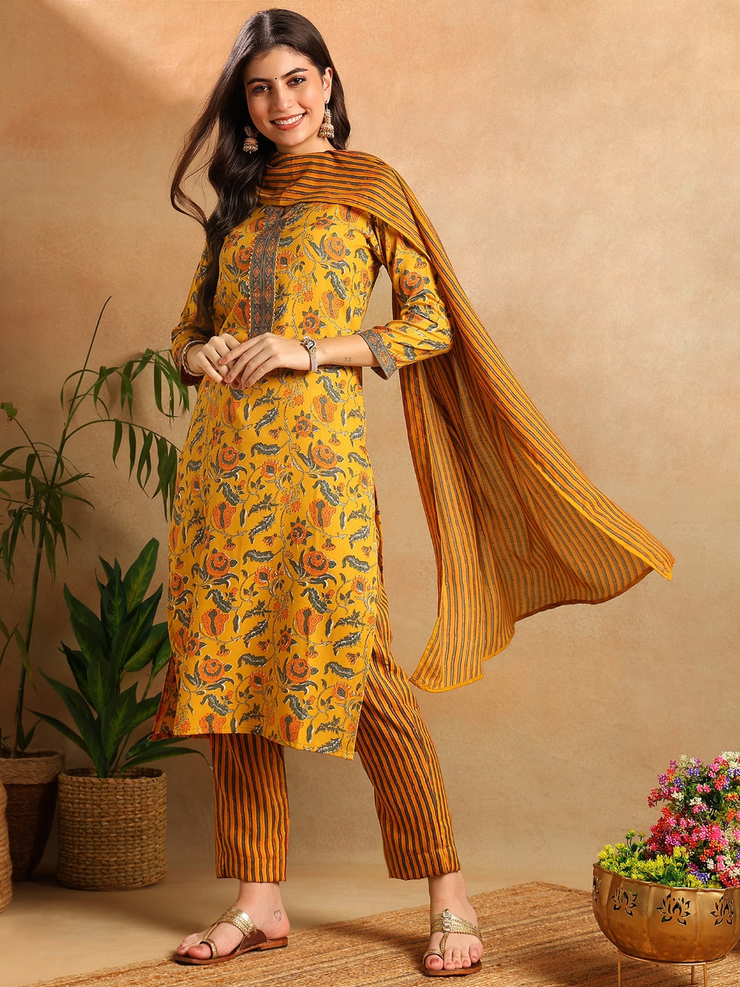 Women's Yellow Rayon Blend Floral Printed Straight Kurta Trouser With Dupatta - Ahika