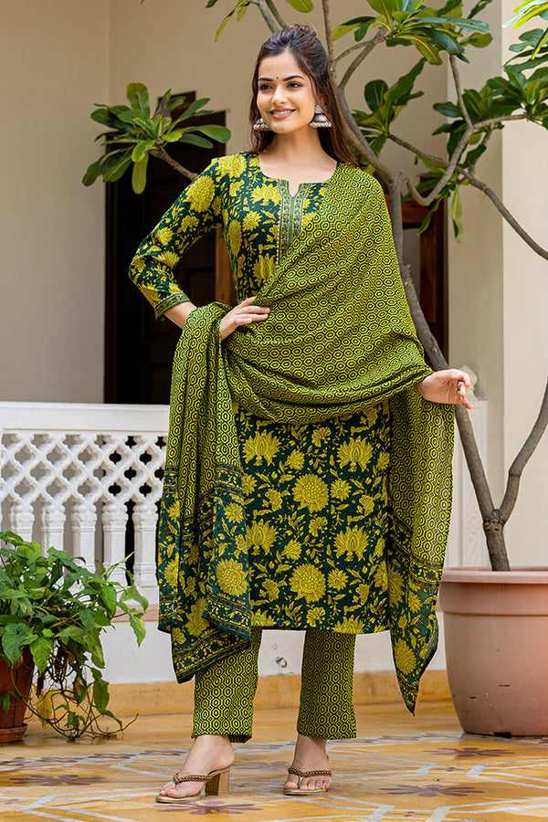 Women's Green Rayon Blend Floral Printed Straight Kurta Trouser With Dupatta - Ahika