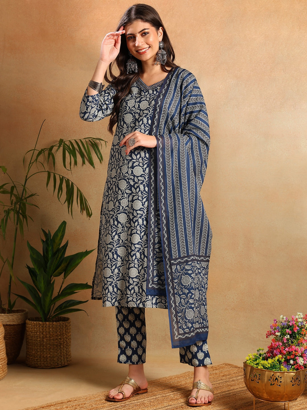 Women's Navy Blue Rayon Blend Floral Printed Straight Kurta Trouser With Dupatta - Ahika