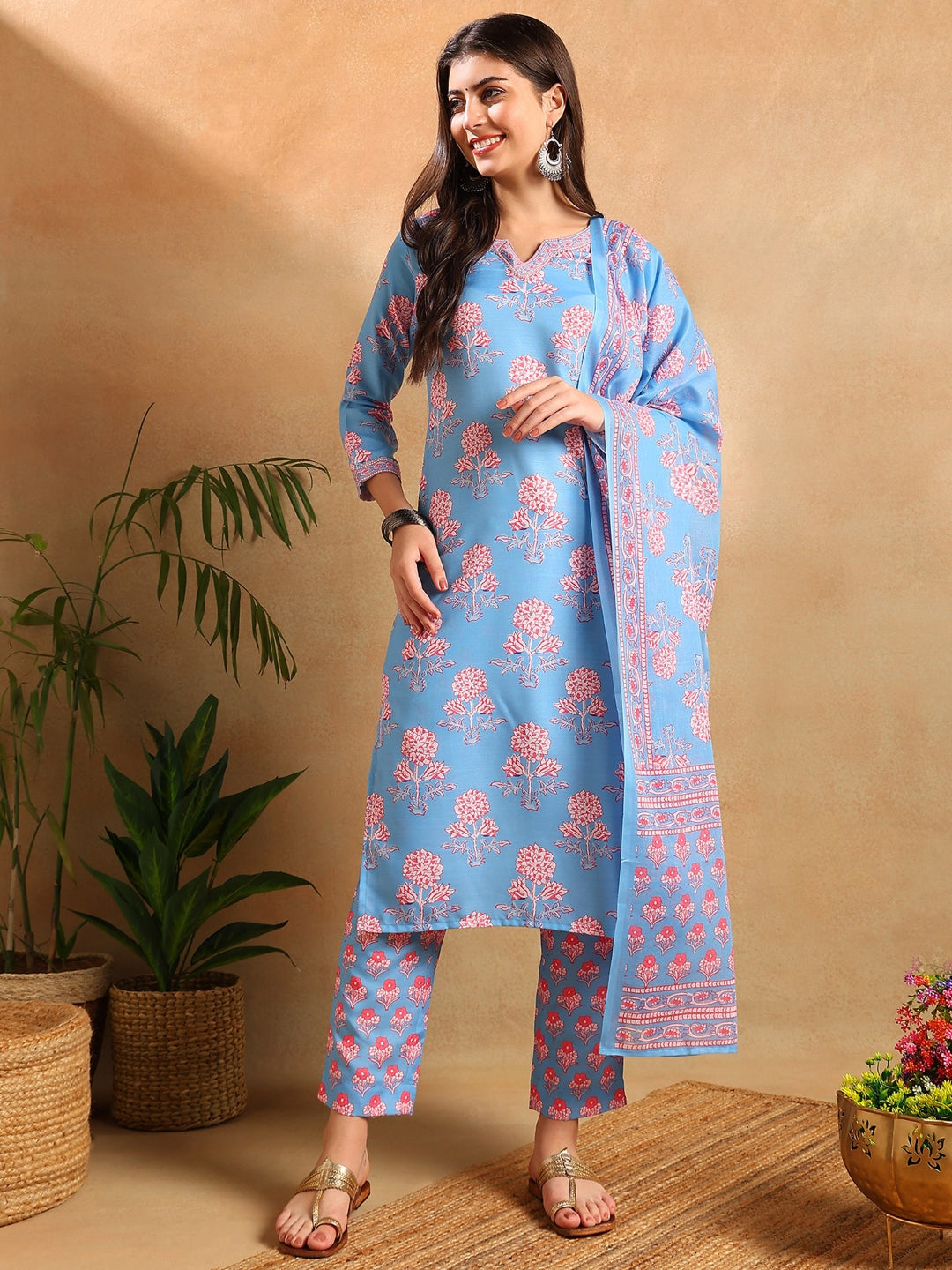 Women's Blue Rayon Blend Floral Printed Straight Kurta Trouser With Dupatta - Ahika