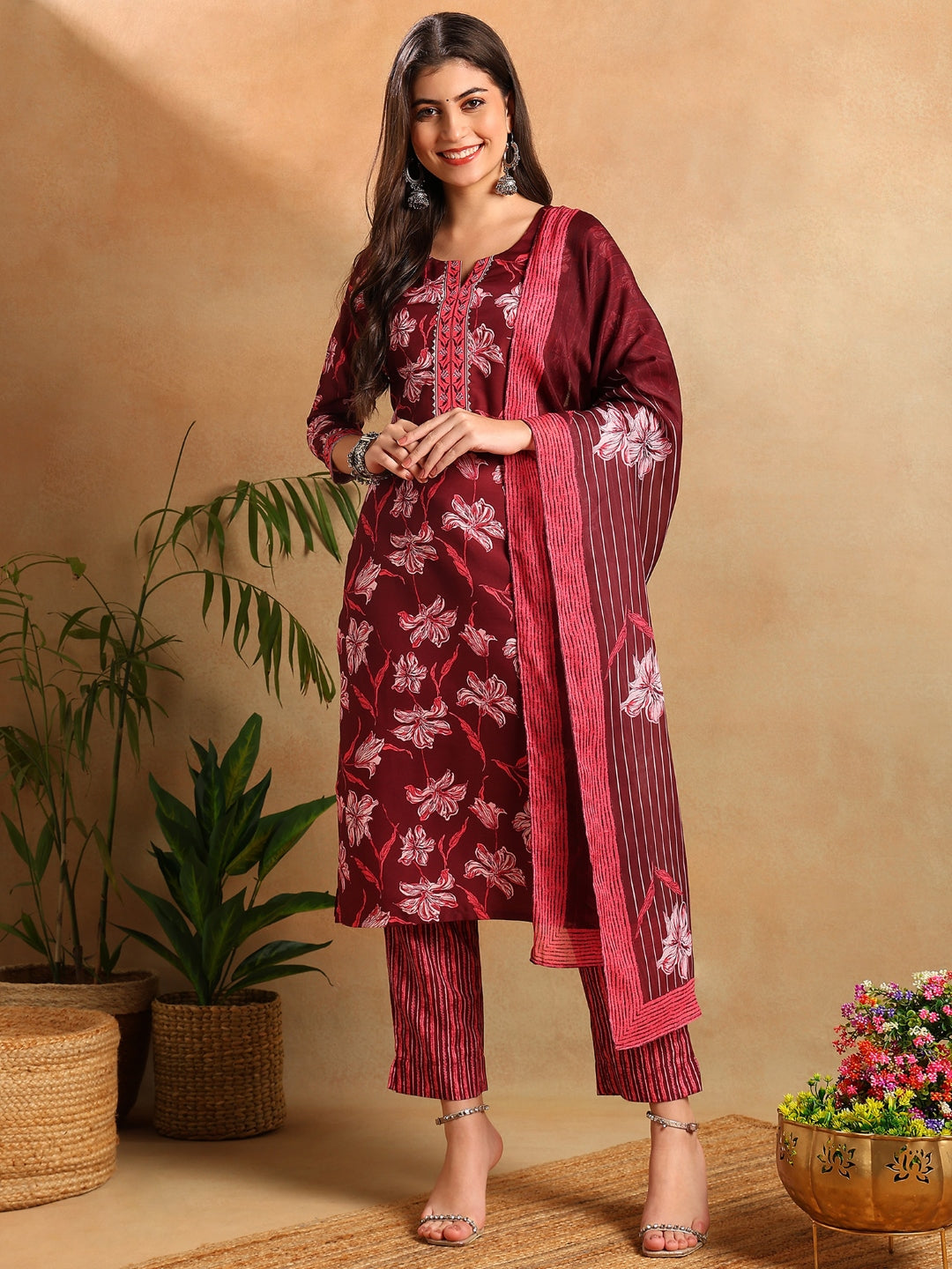 Women's Maroon Rayon Blend Floral Printed Straight Kurta Trouser With Dupatta - Ahika