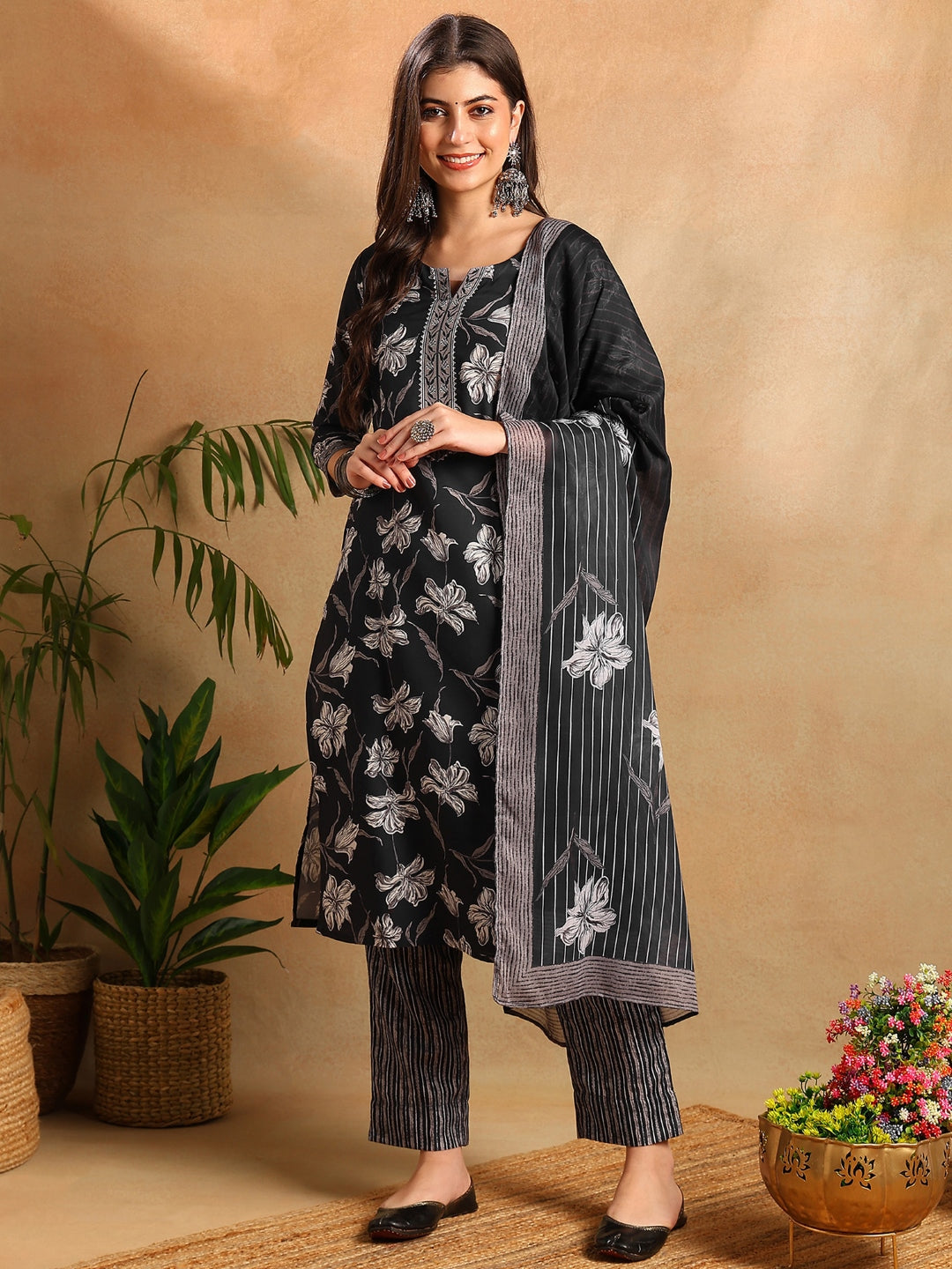 Women's Black Rayon Blend Floral Printed Straight Kurta Trouser With Dupatta - Ahika