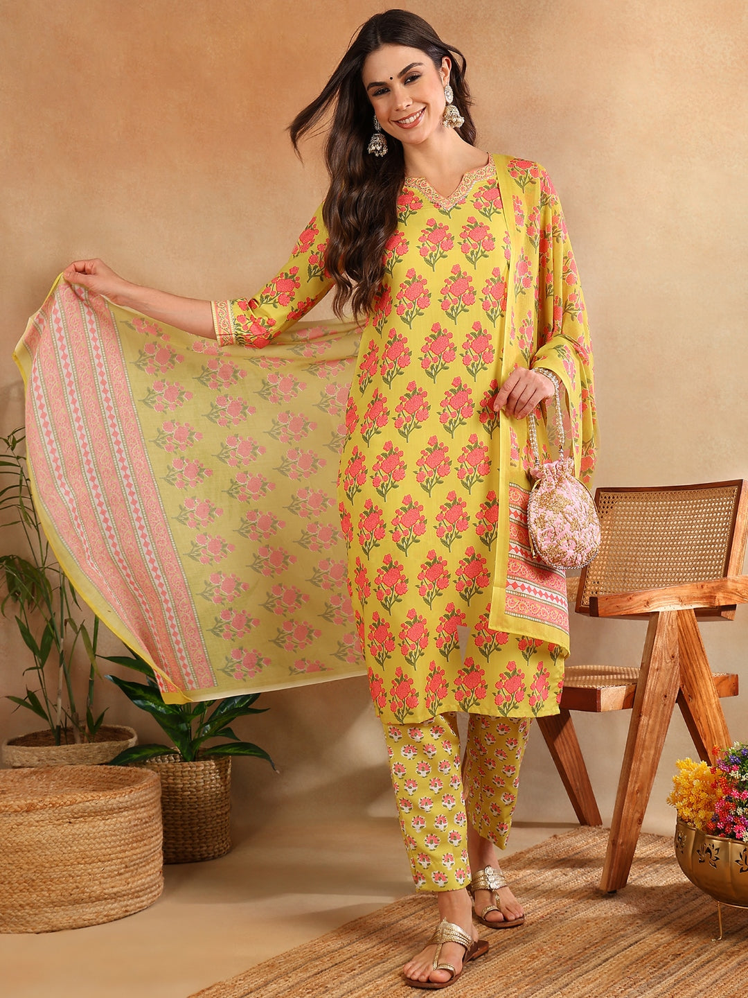 Women's Green Rayon Blend Floral Printed Straight Kurta Trouser With Dupatta - Ahika