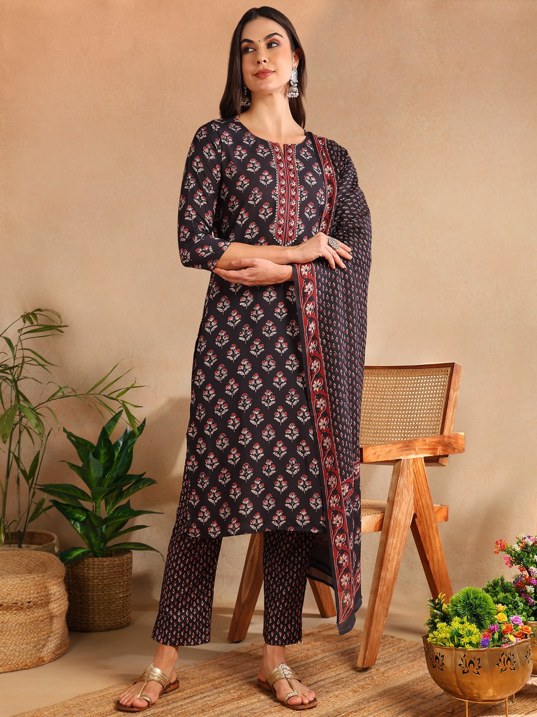 Women's Black Rayon Blend Floral Printed Straight Kurta Trouser With Dupatta - Ahika