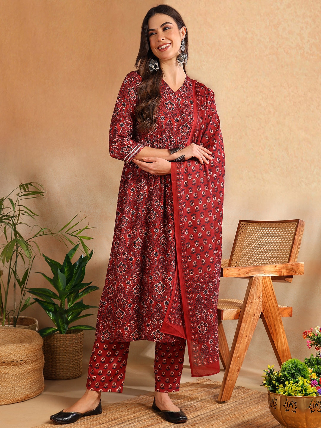 Women's Red Rayon Blend Floral Printed A-Line Kurta Trouser With Dupatta - Ahika