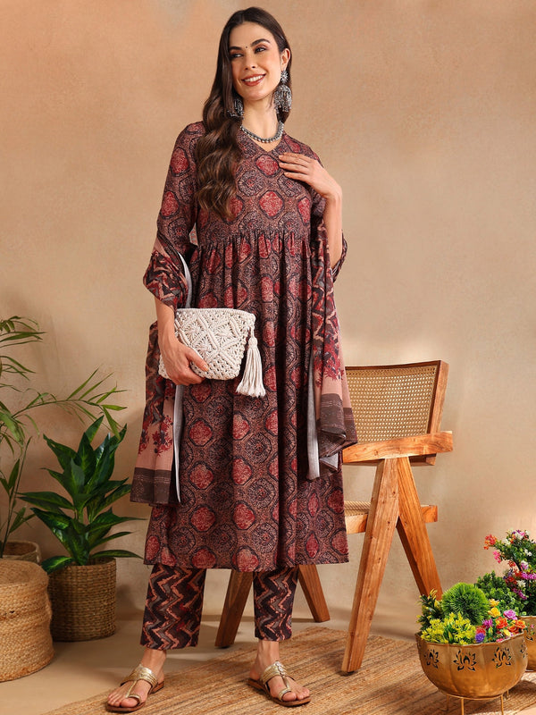 Women's Multi Rayon Blend Ethnic Motifs Printed A-Line Kurta Trouser With Dupatta - Ahika