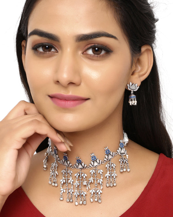 Women's Indigo Affair Filigree Floral Necklace Set - Voylla