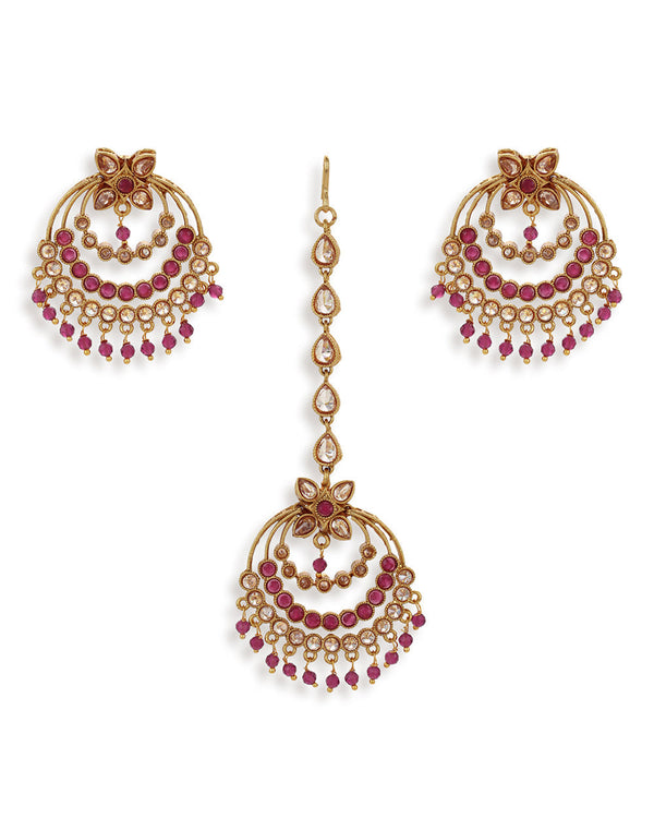 Women's Lattice Gold Plated Maang Tika With Earrings - Voylla