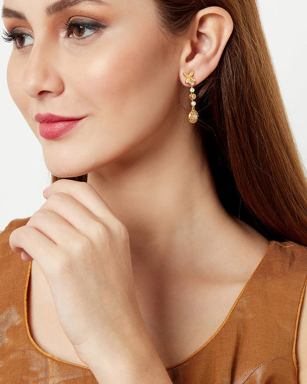 Women's Pearly Whites Dangler Gold Tone Earrings - Voylla