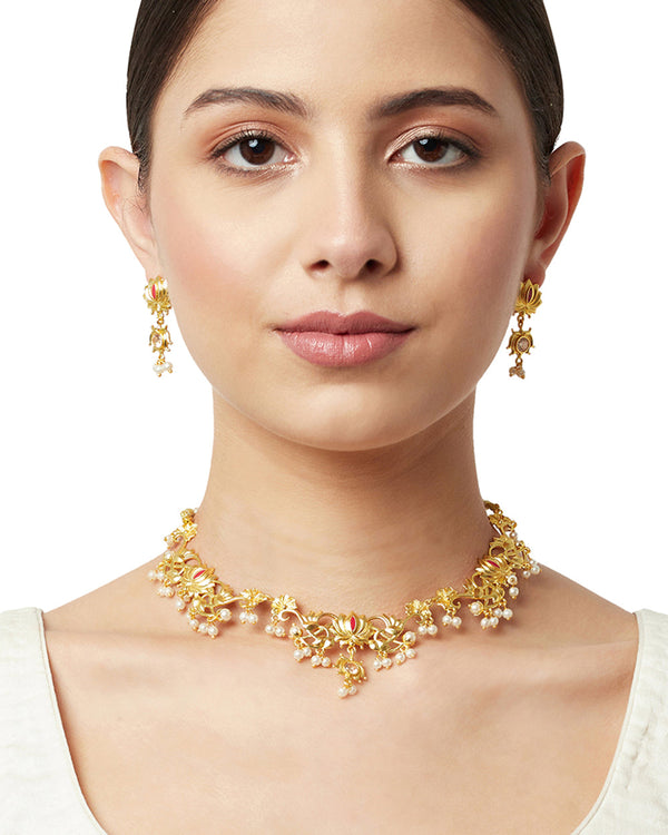 Women's Apsara Faux Pearls Adorned Brass Lotus Motifs Gold Plated Jewellery Set - Voylla