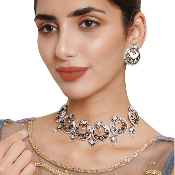 Women's Apsara Cresent Moon Silver Choker Necklace Set - Voylla