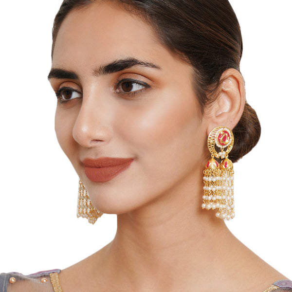 Women's Apsara Enamelled Faux Pearls Adorned Brass Gold Plated Drop Earrings - Voylla