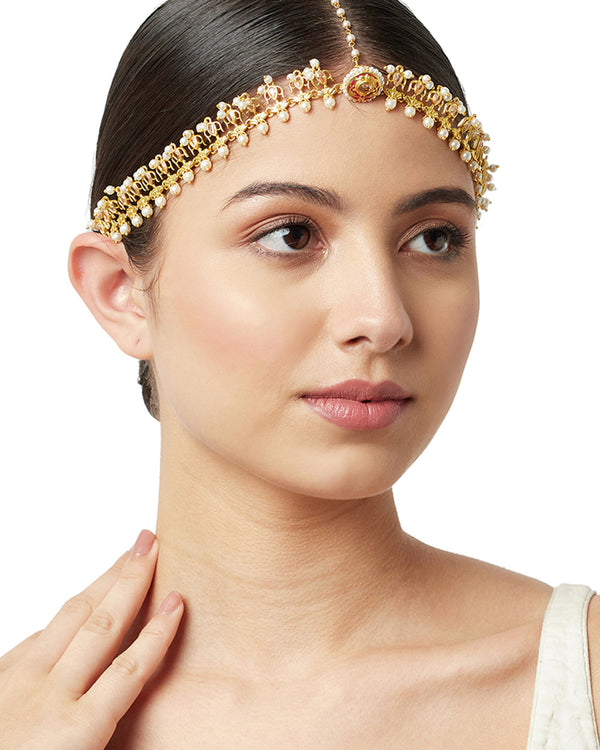 Women's Faux White Pearls Embellished Brass Gold Plated Matha Patti Maang Tika - Voylla