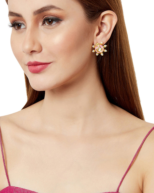 Women's Shwet Kamal Pink Enamel Faux Kundan And Pearls Adorned Gold Plated Stud Earrings - Voylla