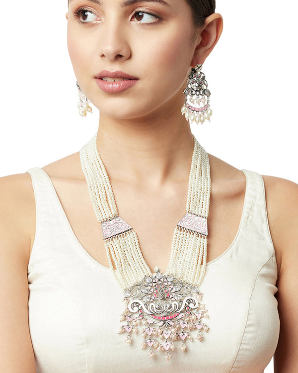 Women's Shwet Kamal Enamel Details Faux Pearls And Kundan Silver Plated Jewellery Set - Voylla