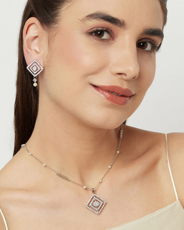 Women's Round Cut Zircons And White Faux Pearls Pendant Set - Voylla