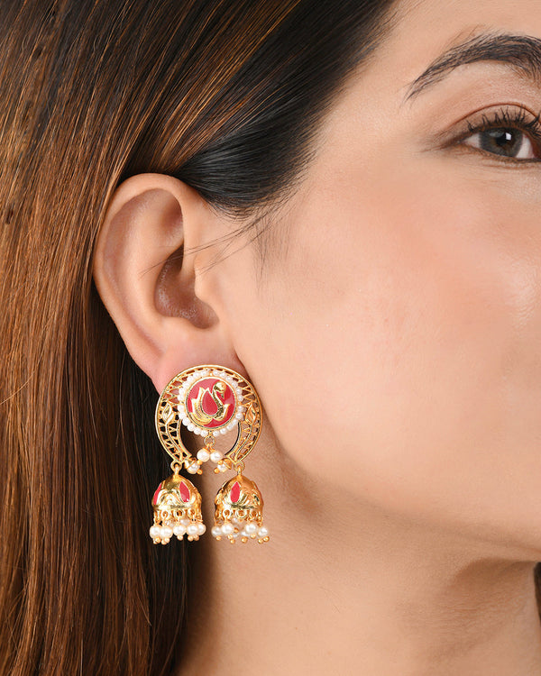 Women's Apsara Peacock Motifs Embossed Jhumka Earrings - Voylla