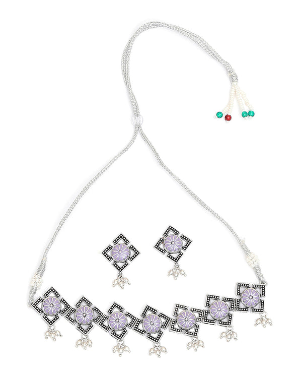 Women's Festive Hues Light-Purple Oxidised Necklace Choker Set - Voylla