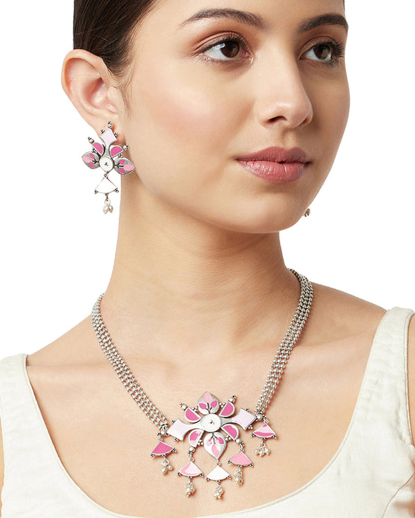 Women's Festive Hues Pink Enamelled Beaded Silver Toned Jewellery Set - Voylla